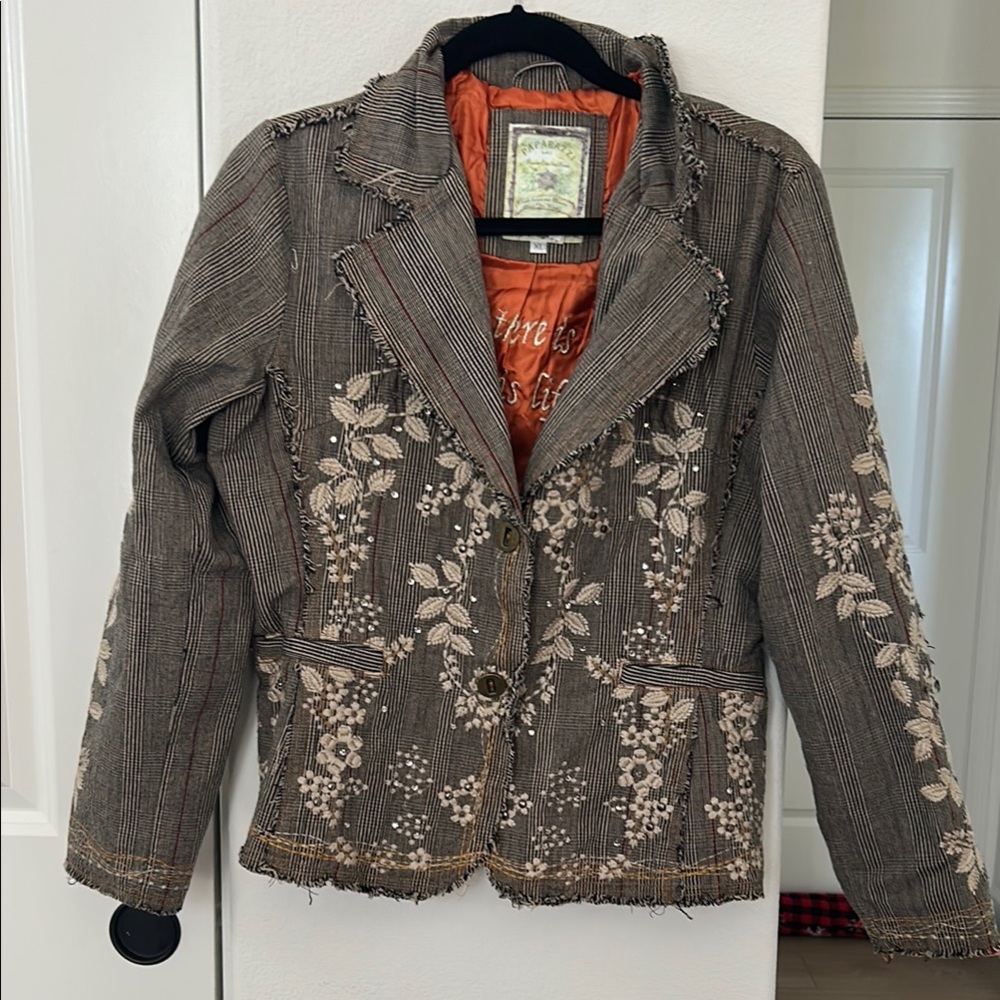 Paparazzi Floral Embroidered Blazer - Brown and Cream